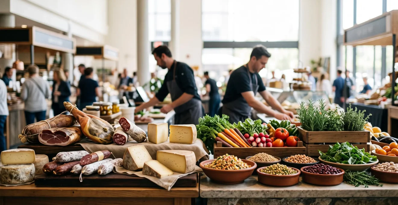 Étal de marché moderne présentant des produits frais, végétaux et traditionnels côte à côte, symbolisant l'adaptation d'une offre alimentaire aux nouvelles habitudes de consommation.