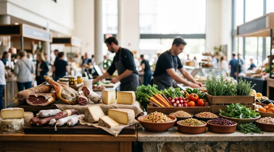 Étal de marché moderne présentant des produits frais, végétaux et traditionnels côte à côte, symbolisant l'adaptation d'une offre alimentaire aux nouvelles habitudes de consommation.