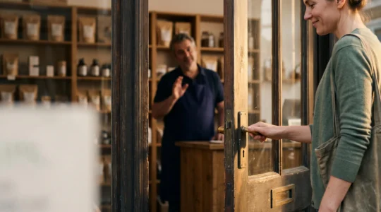 Client fidèle revenant naturellement dans sa boutique de prédilection, symbole d'une relation client durable et mensuelle