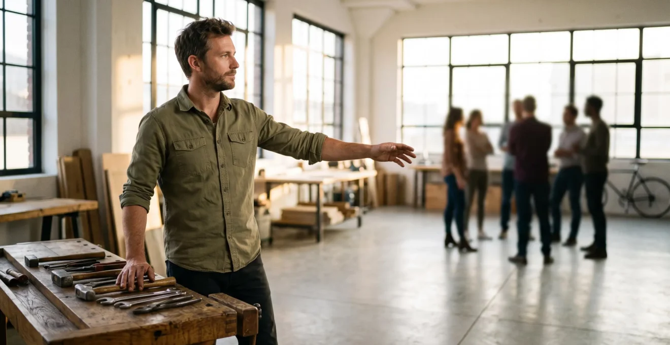Entrepreneur en pleine reflexion strategique dans un espace de travail lumineux et epure, symbolisant les competences a developper pour reussir sa creation d'entreprise