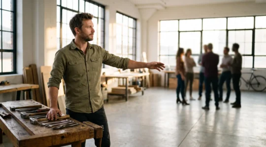 Entrepreneur en pleine reflexion strategique dans un espace de travail lumineux et epure, symbolisant les competences a developper pour reussir sa creation d'entreprise