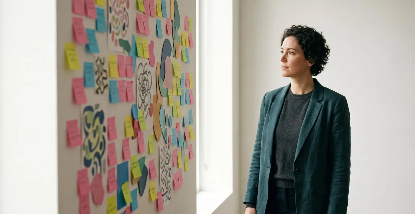Un designer de produit observant pensivement un mur de notes de recherche abstraites, symbolisant la quete des besoins caches des consommateurs