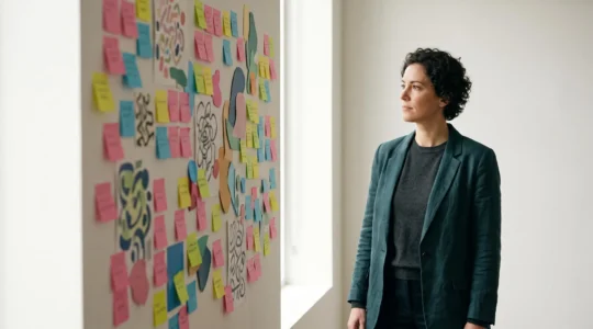Un designer de produit observant pensivement un mur de notes de recherche abstraites, symbolisant la quete des besoins caches des consommateurs