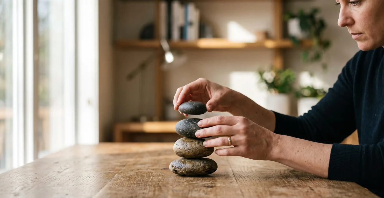 Entrepreneur ajustant avec précision un empilement de galets en équilibre, symbolisant une stratégie marketing B2C construite avec un budget maîtrisé