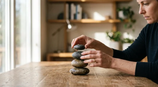 Entrepreneur ajustant avec précision un empilement de galets en équilibre, symbolisant une stratégie marketing B2C construite avec un budget maîtrisé