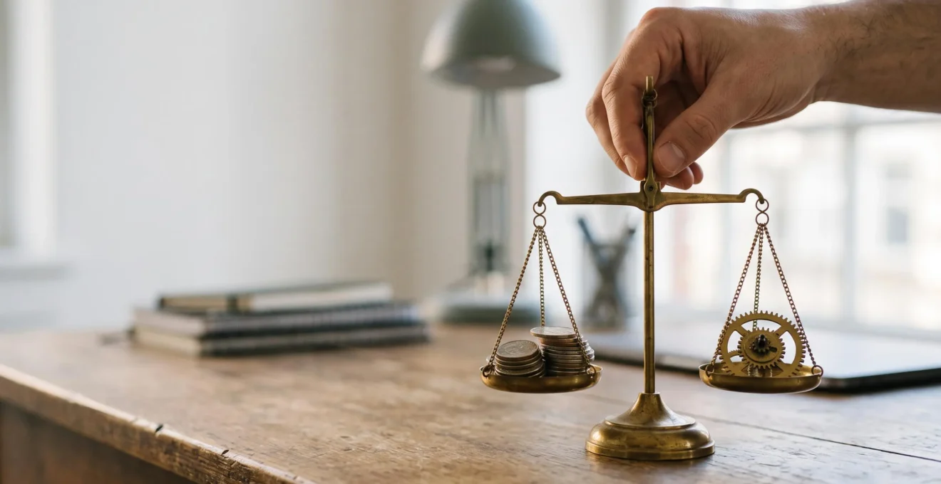 Un entrepreneur observe une balance en équilibre parfait entre des piles de pièces et des rouages, symbolisant la construction d'un modèle économique rentable.