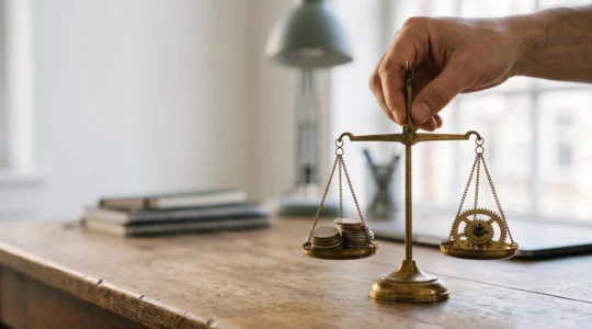 Un entrepreneur observe une balance en équilibre parfait entre des piles de pièces et des rouages, symbolisant la construction d'un modèle économique rentable.
