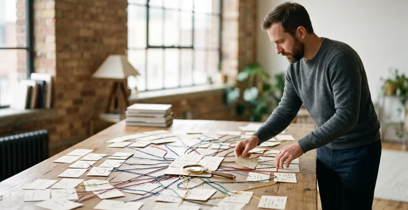 Entrepreneur analysant seul les résultats de son étude de marché sur une grande carte de données, sans recourir à un cabinet spécialisé