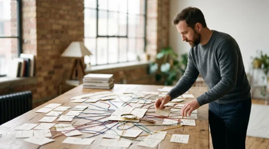 Entrepreneur analysant seul les résultats de son étude de marché sur une grande carte de données, sans recourir à un cabinet spécialisé