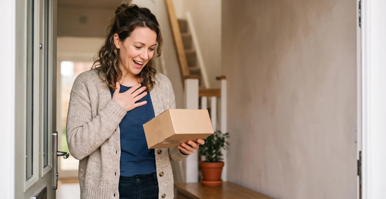 Client exprimant une joie sincère juste après avoir reçu un produit, symbolisant une experience client memorable