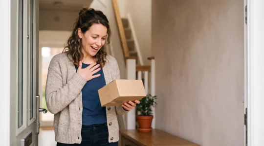 Client exprimant une joie sincère juste après avoir reçu un produit, symbolisant une experience client memorable