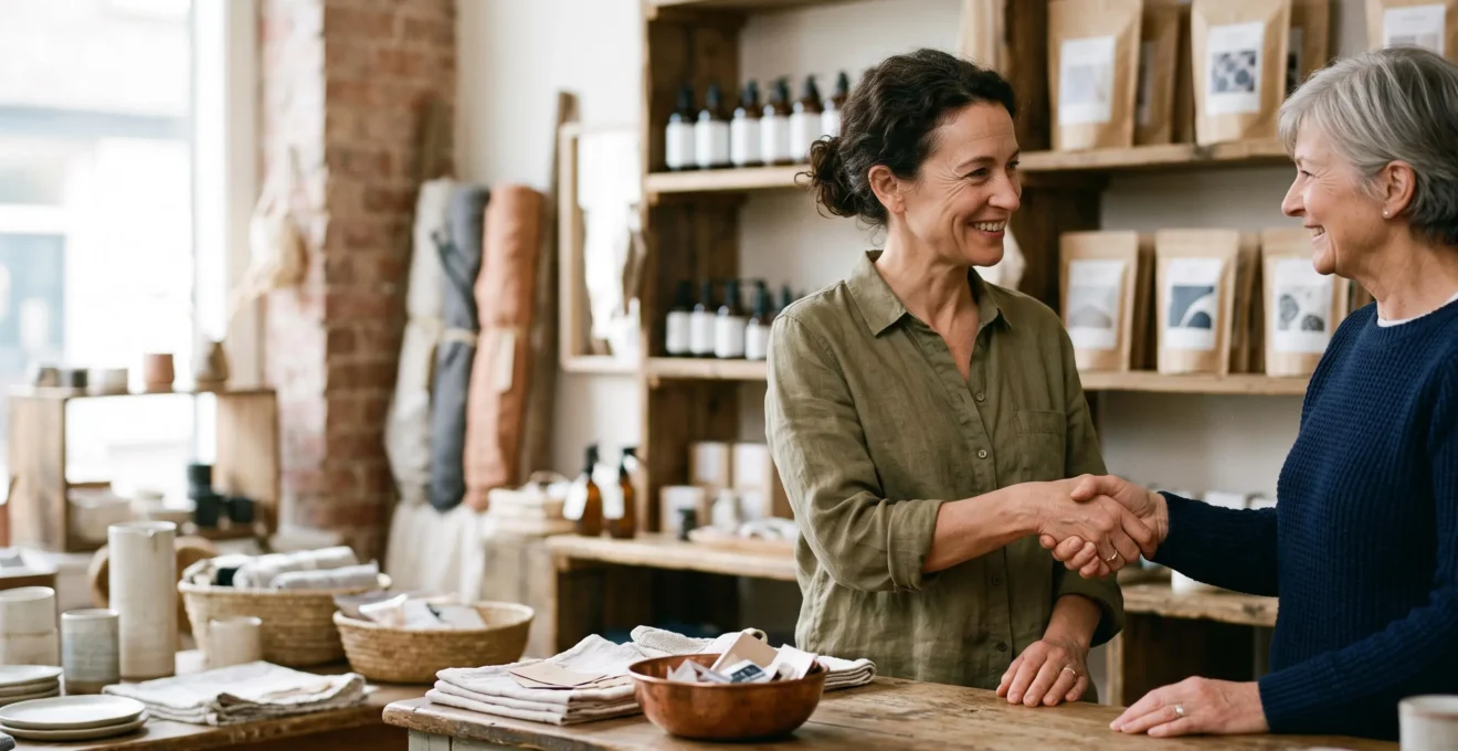 Une relation de confiance entre une marque et son client, symbolisee par un geste chaleureux plutot qu'une transaction commerciale