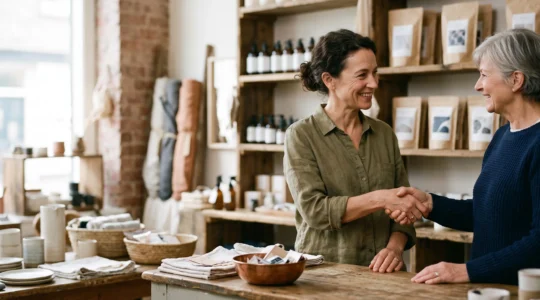 Une relation de confiance entre une marque et son client, symbolisee par un geste chaleureux plutot qu'une transaction commerciale