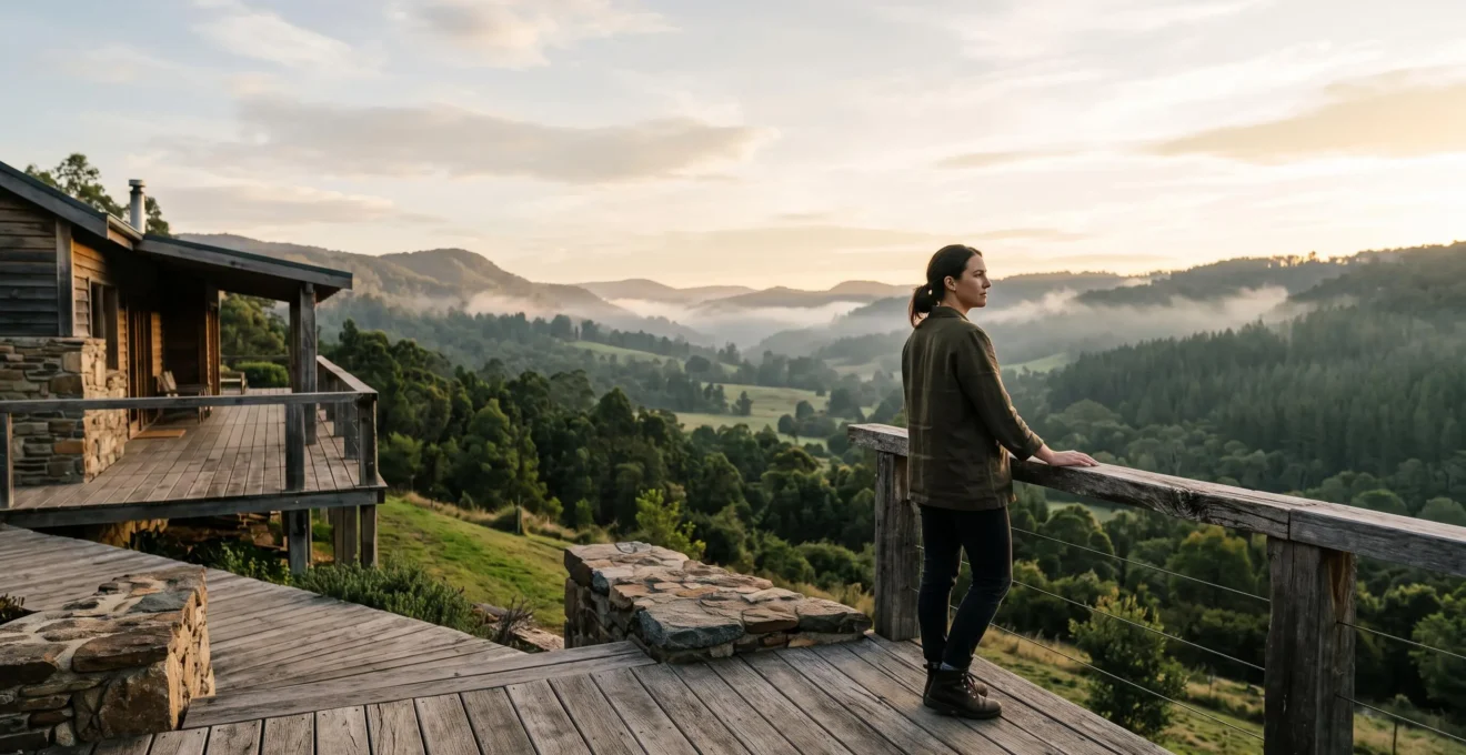 Entrepreneur contemplant un paysage naturel préservé au lever du jour, symbolisant le lancement d'un projet de tourisme vert