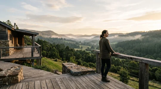 Entrepreneur contemplant un paysage naturel préservé au lever du jour, symbolisant le lancement d'un projet de tourisme vert