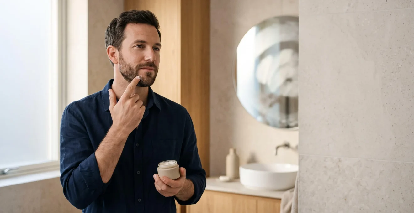 Homme d'âge mûr appliquant un soin visage dans une salle de bain épurée au style scandinave, incarnant le lancement d'une marque de cosmétiques masculins