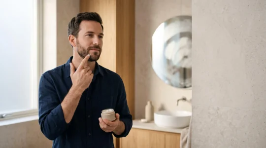 Homme d'âge mûr appliquant un soin visage dans une salle de bain épurée au style scandinave, incarnant le lancement d'une marque de cosmétiques masculins