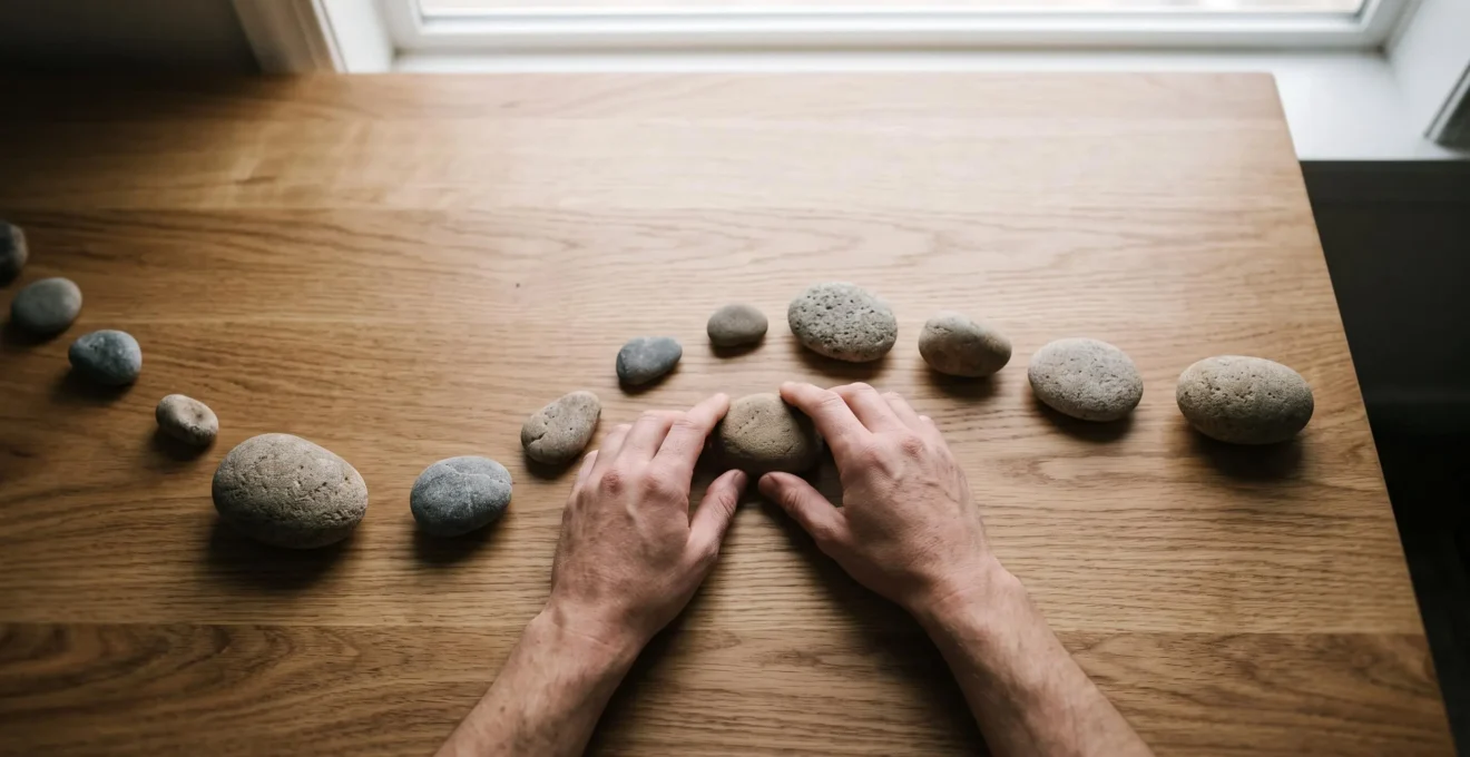 Vue en plongée de mains disposant avec soin des galets lisses sur un bureau en bois, symbolisant la maîtrise organisée de multiples priorités.