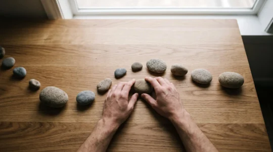 Vue en plongée de mains disposant avec soin des galets lisses sur un bureau en bois, symbolisant la maîtrise organisée de multiples priorités.