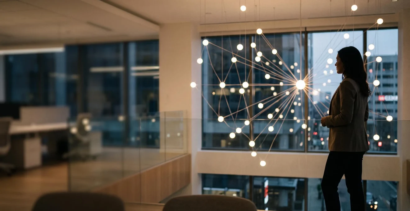 Professionnel d'affaires observant un reseau de connexions lumineuses symbolisant la strategie de contenu et l'inbound marketing B2B