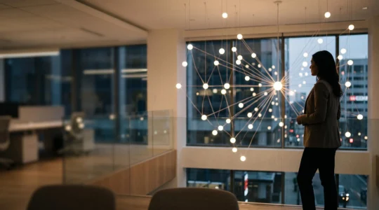 Professionnel d'affaires observant un reseau de connexions lumineuses symbolisant la strategie de contenu et l'inbound marketing B2B