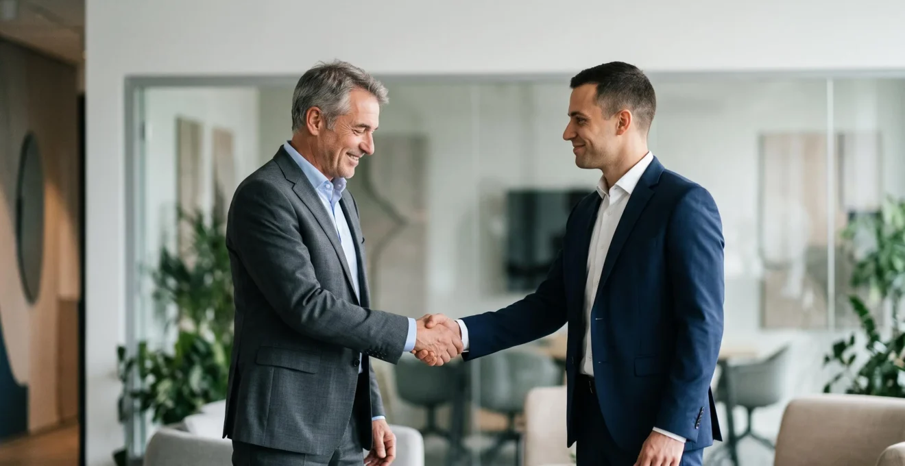 Deux professionnels se serrant la main dans un bureau moderne, symbolisant une relation commerciale B2B durable et de confiance
