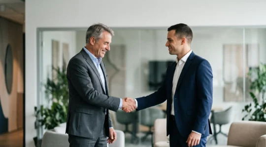 Deux professionnels se serrant la main dans un bureau moderne, symbolisant une relation commerciale B2B durable et de confiance