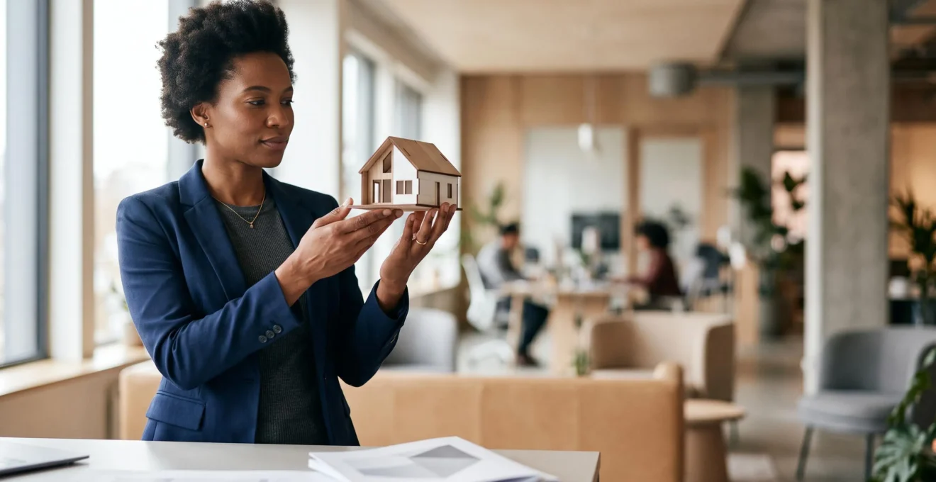Dirigeant d'entreprise tenant symboliquement un bouclier protecteur au-dessus d'une maquette de maison, représentant la protection du patrimoine personnel face aux risques de l'entreprise