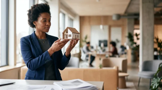 Dirigeant d'entreprise tenant symboliquement un bouclier protecteur au-dessus d'une maquette de maison, représentant la protection du patrimoine personnel face aux risques de l'entreprise