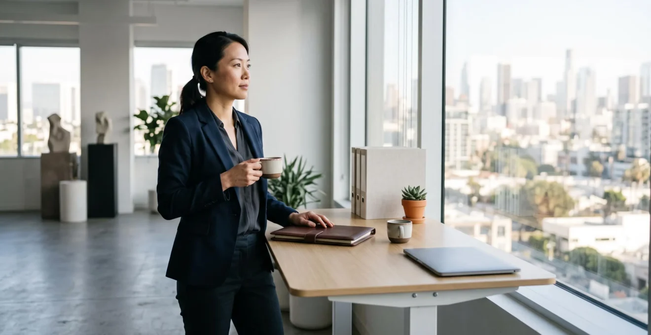 Entrepreneur organisant sereinement ses documents professionnels dans un bureau lumineux et épuré