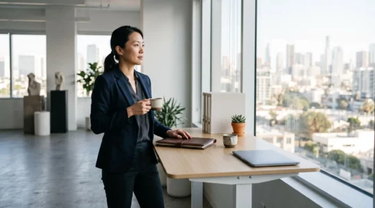 Entrepreneur organisant sereinement ses documents professionnels dans un bureau lumineux et épuré