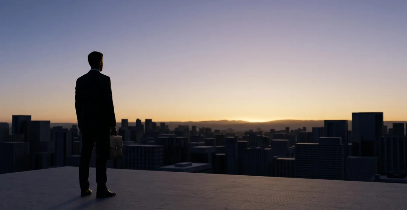 Silhouette d'un entrepreneur observant un horizon urbain au lever du jour, symbolisant l'anticipation d'une tendance économique avant qu'elle ne devienne saturée