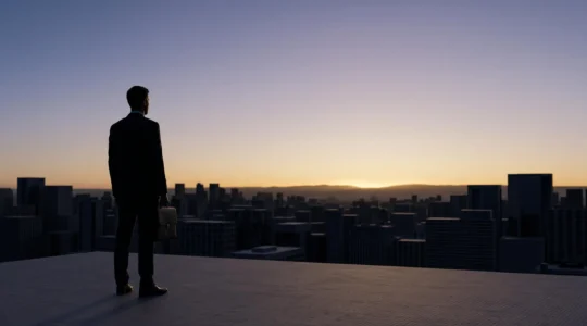 Silhouette d'un entrepreneur observant un horizon urbain au lever du jour, symbolisant l'anticipation d'une tendance économique avant qu'elle ne devienne saturée