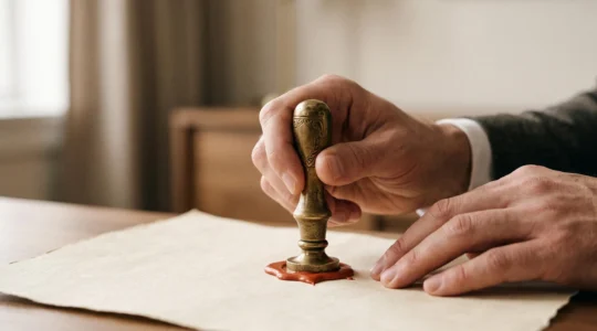 Gros plan symbolique sur un sceau de cire rouge apposé avec assurance, représentant la validation sans erreur d'une formalité administrative d'entreprise