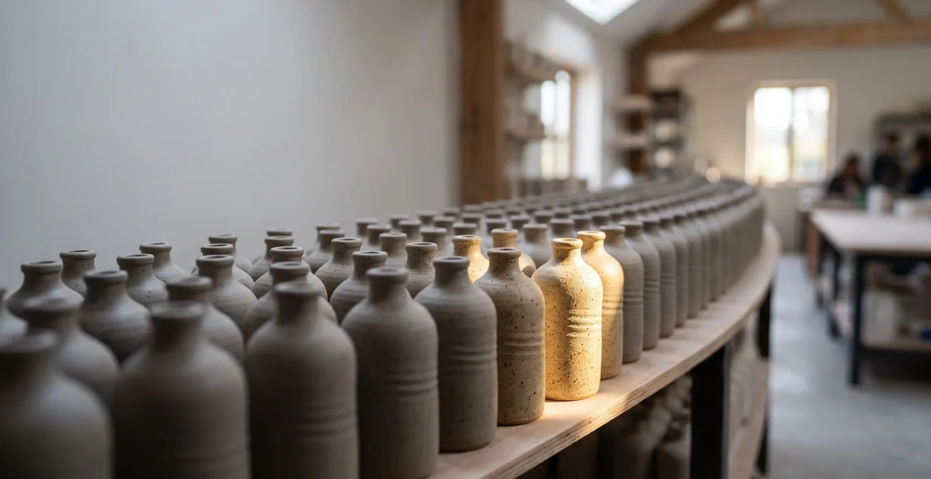 Rangée de produits identiques sur une étagère avec un seul objet subtilement mis en lumière, symbolisant la différenciation dans un marché saturé