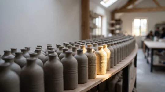 Rangée de produits identiques sur une étagère avec un seul objet subtilement mis en lumière, symbolisant la différenciation dans un marché saturé