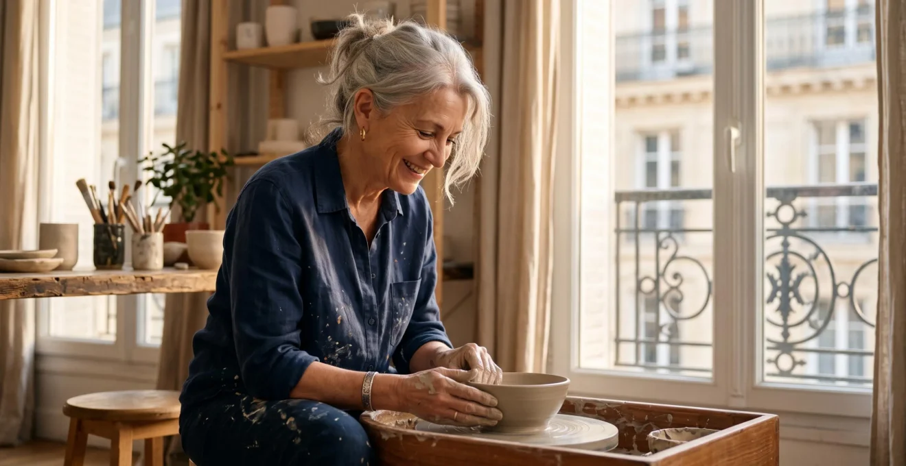 Femme senior active et souriante en pleine activité créative dans un intérieur lumineux et contemporain, incarnant une seconde vie active sans clichés