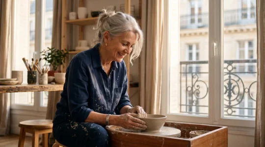 Femme senior active et souriante en pleine activité créative dans un intérieur lumineux et contemporain, incarnant une seconde vie active sans clichés
