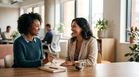 Conseillere de service client souriante en pleine ecoute active, incarnant une experience humaine qui fidelise le client