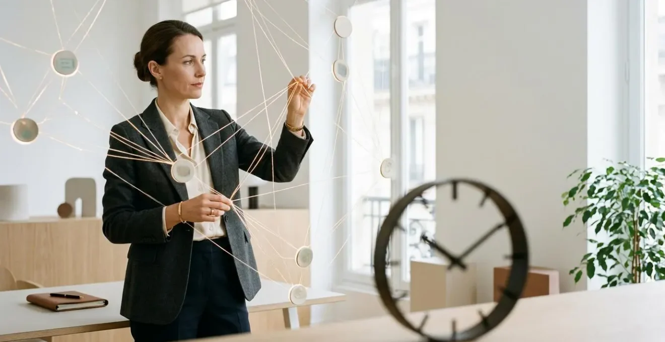 Dirigeant d'entreprise organisant visuellement des connexions clients pour illustrer un système de fidélisation gagnant du temps