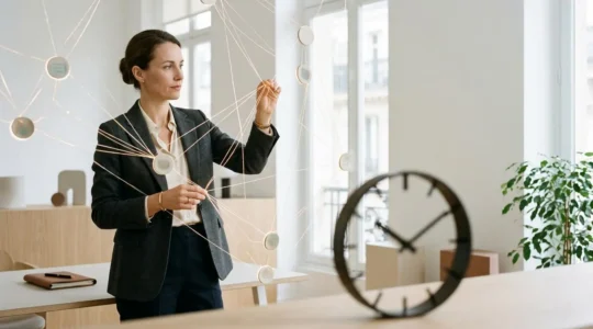Dirigeant d'entreprise organisant visuellement des connexions clients pour illustrer un système de fidélisation gagnant du temps