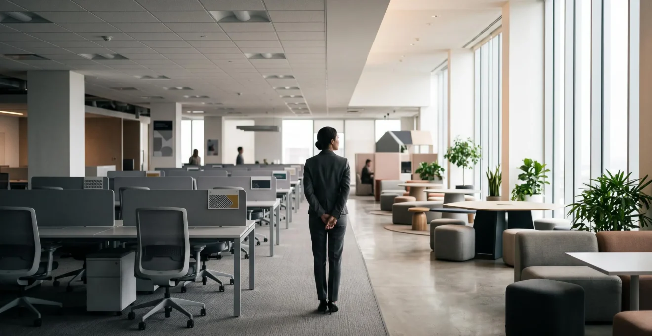 Silhouette professionnelle observant un vaste bureau ouvert en pleine transformation douce, symbolisant le passage progressif vers une culture centree client