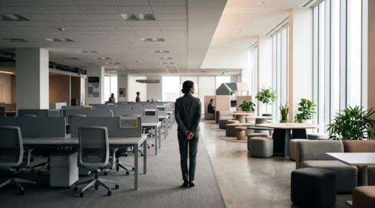 Silhouette professionnelle observant un vaste bureau ouvert en pleine transformation douce, symbolisant le passage progressif vers une culture centree client
