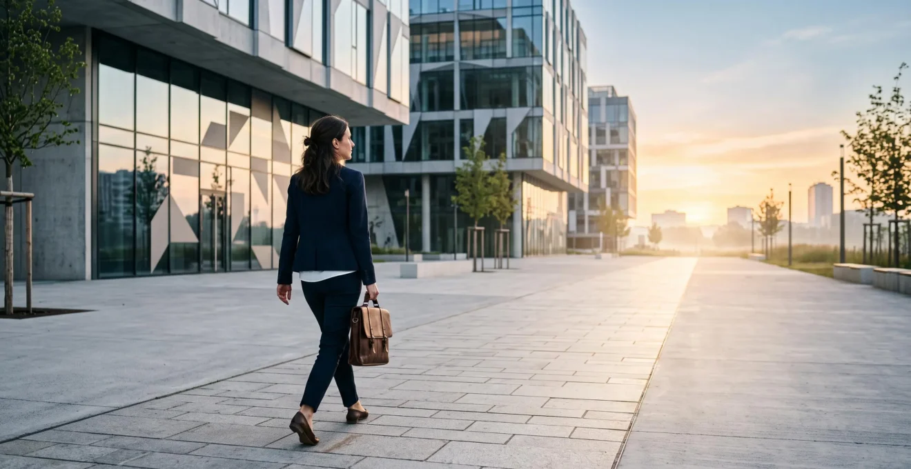 Une personne quitte un immeuble de bureaux pour s'engager sur un chemin ouvert, symbolisant la transition du salariat vers l'indépendance
