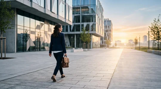 Une personne quitte un immeuble de bureaux pour s'engager sur un chemin ouvert, symbolisant la transition du salariat vers l'indépendance