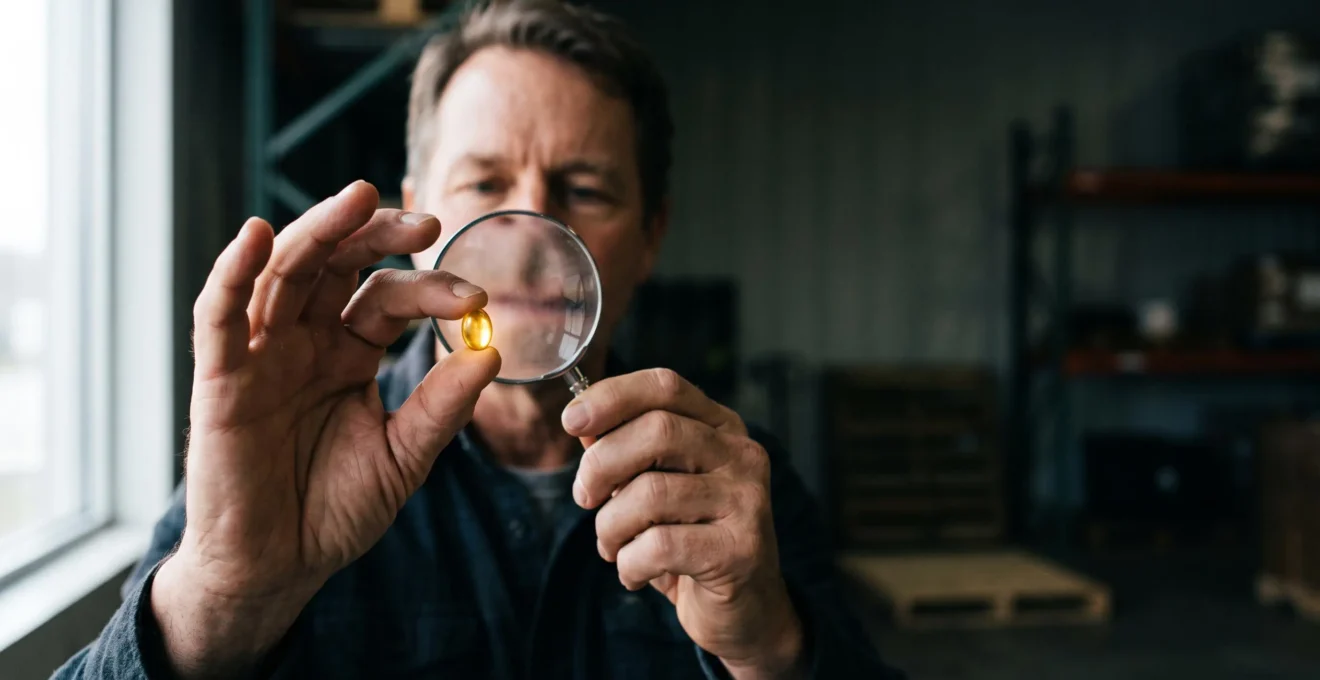 Entrepreneur observant attentivement une loupe symbolique au-dessus d'un plan de travail minimaliste, illustrant la validation rigoureuse d'une idée de commerce avant d'investir