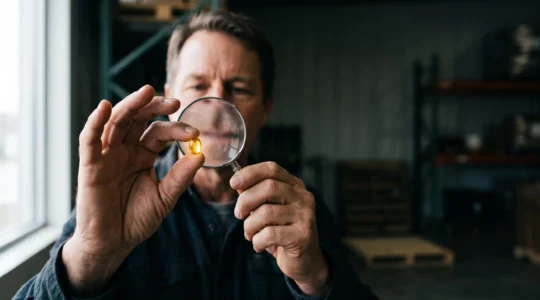Entrepreneur observant attentivement une loupe symbolique au-dessus d'un plan de travail minimaliste, illustrant la validation rigoureuse d'une idée de commerce avant d'investir