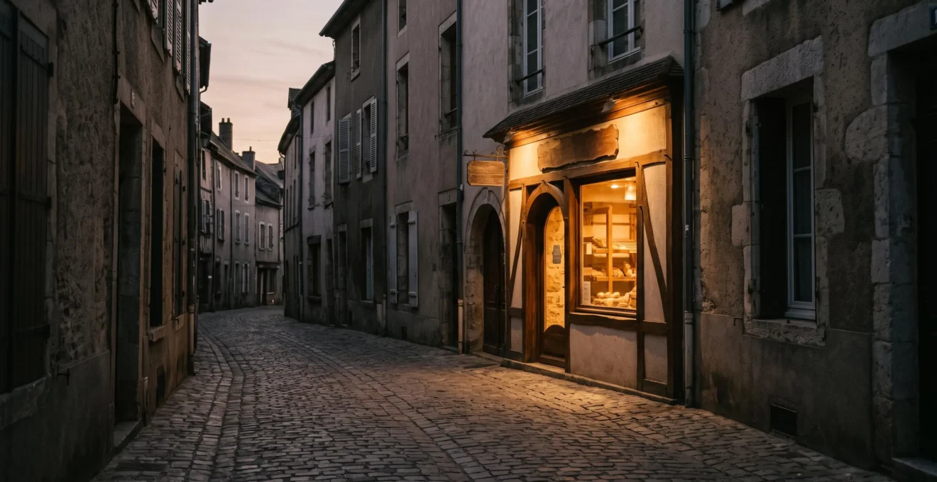Devanture d'un petit commerce local mise en lumière au milieu d'une rue calme, symbolisant la visibilité retrouvée grâce au référencement local