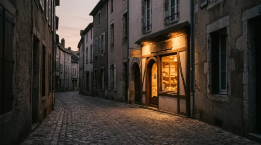 Devanture d'un petit commerce local mise en lumière au milieu d'une rue calme, symbolisant la visibilité retrouvée grâce au référencement local
