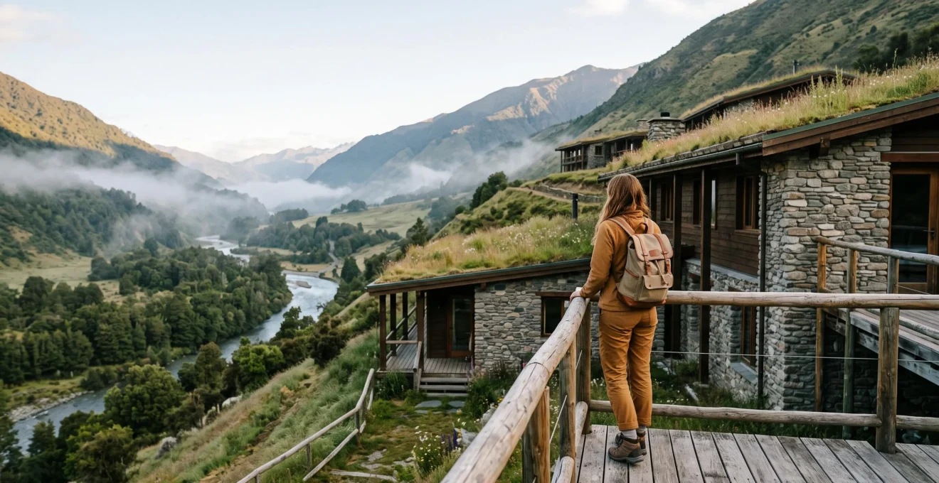 Voyageuse responsable contemplant un éco-lodge certifié niché dans un paysage naturel préservé, symbole de confiance et de tourisme durable